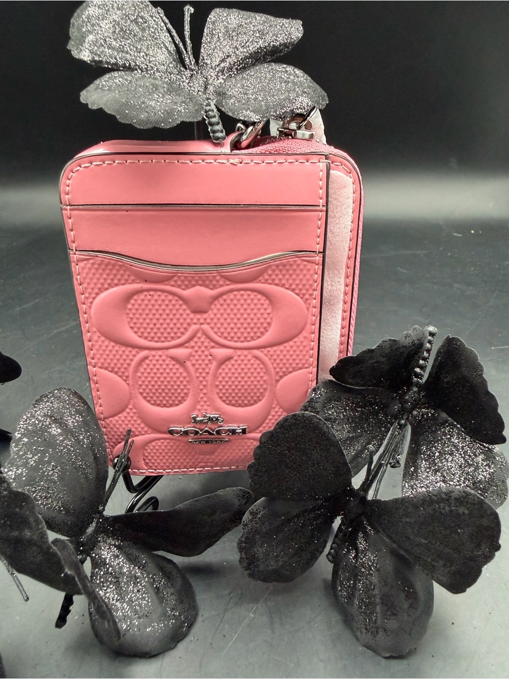 Coach Pink Leather Signature Embossed Zip Card Holder